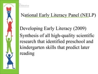 National Early Literacy Panel (NELP) 
Developing Early Literacy (2009) 
Synthesis of all high-quality scientific 
research that identified preschool and 
kindergarten skills that predict later 
reading 
 