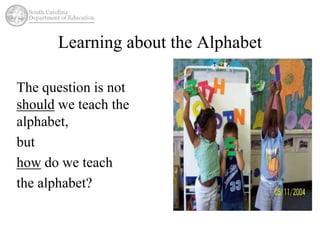 Learning about the Alphabet 
The question is not 
should we teach the 
alphabet, 
but 
how do we teach 
the alphabet? 
 