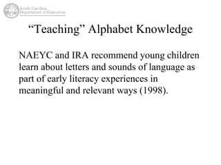 “Teaching” Alphabet Knowledge 
NAEYC and IRA recommend young children 
learn about letters and sounds of language as 
part of early literacy experiences in 
meaningful and relevant ways (1998). 
 