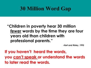 30 Million Word Gap 
“Children in poverty hear 30 million 
fewer words by the time they are four 
years old than children with 
professional parents.” 
-Hart and Risley, 1995 
If you haven’t heard the words, 
you can’t speak or understand the words 
to later read the words. 
 