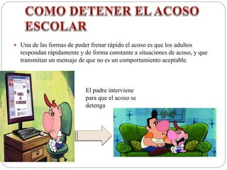  Una de las formas de poder frenar rápido el acoso es que los adultos
respondan rápidamente y de forma constante a situaciones de acoso, y que
transmitan un mensaje de que no es un comportamiento aceptable.
El padre interviene
para que el acoso se
detenga
 