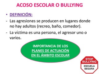 ACOSO ESCOLAR O BULLYING
• DEFINICIÓN:
- Las agresiones se producen en lugares donde
no hay adultos (recreo, baño, comedor).
- La víctima es una persona, el agresor uno o
varios.
IMPORTANCIA DE LOS
PLANES DE ACTUACIÓN
EN EL ÁMBITO ESCOLAR
 
