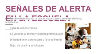 SEÑALES DE ALERTA
EN LA ESCUELACambio repentino de la asistencia a clase o en el rendimiento
académico
Falta de concentración
Se va tarde al recreo y regresa pronto al aula
Dificultad en el aprendizaje y falta de interés
Dejar de asistir a actividades
 