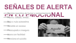 SEÑALES DE ALERTA
EN LO EMOCIONALCambio repentino de humor y comportamiento
Pasivo, callado, tímido…
Baja o nula autoestima
Sensible en exceso
Preocupado e inseguro
LLora con facilidad
Menciona el suicidio
 
