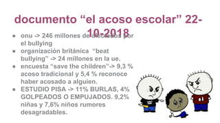 documento “el acoso escolar” 22-
10-2018● onu -> 246 millones de afectados por
el bullying
● organización británica “beat
bullying” -> 24 millones en la ue.
● encuesta “save the children”-> 9,3 %
acoso tradicional y 5,4 % reconoce
haber acosado a alguien.
● ESTUDIO PISA -> 11% BURLAS, 4%
GOLPEADOS O EMPUJADOS. 9,2%
niñas y 7,6% niños rumores
desagradables.
 