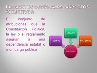 • El      conjunto    de
  atribuciones que la
  Constitución Política,
  la ley o el reglamento
  asignan      a     una
  dependencia estatal o
  a un cargo público
 