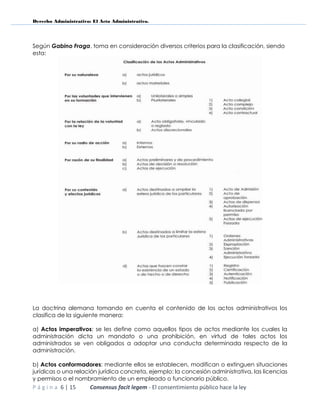Derecho Administrativo: El Acto Administrativo.
P á g i n a 6 | 15 Consensus facit legem - El consentimiento público hace la ley
Según Gabino Fraga, toma en consideración diversos criterios para la clasificación, siendo
esta:
La doctrina alemana tomando en cuenta el contenido de los actos administrativos los
clasifica de la siguiente manera:
a) Actos imperativos: se les define como aquellos tipos de actos mediante los cuales la
administración dicta un mandato o una prohibición, en virtud de tales actos los
administrados se ven obligados a adoptar una conducta determinada respecto de la
administración.
b) Actos conformadores: mediante ellos se establecen, modifican o extinguen situaciones
jurídicas o una relación jurídica concreta, ejemplo: la concesión administrativa, las licencias
y permisos o el nombramiento de un empleado o funcionario público.
 