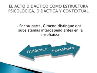     Por su parte, Gimeno distingue dos
    subsistemas interdependientes en la
                 enseñanza:
 