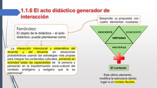 1.1.6 El acto didáctico generador de
interacción
Ferrández:
El objeto de la didáctica – el acto
didáctico- puede plantearse como
“ La interacción intencional y sistemática del
docente y del discente en situaciones
probabilísticas usando las estrategias más propias
para integrar los contenidos culturales, poniendo en
actividad todas las capacidades de la persona y
pensando en la transformación socio-cultural del
contexto endógeno y exógeno que le es
patrimonial”.
Desarrolla su propuesta con
cuatro elementos nucleares
El contexto
Este último elemento,
modifica la estructura dando
lugar a un modelo flexible.
 