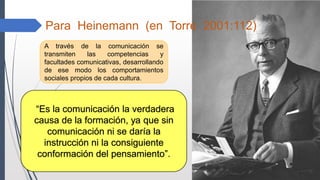 Para Heinemann (en Torre 2001:112)
A través de la comunicación se
transmiten las competencias y
facultades comunicativas, desarrollando
de ese modo los comportamientos
sociales propios de cada cultura.
“Es la comunicación la verdadera
causa de la formación, ya que sin
comunicación ni se daría la
instrucción ni la consiguiente
conformación del pensamiento”.
 