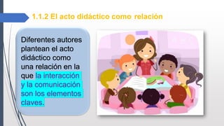 1.1.2 El acto didáctico como relación
Diferentes autores
plantean el acto
didáctico como
una relación en la
que la interacción
y la comunicación
son los elementos
claves.
 