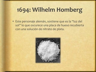 1694: Wilhelm Homberg
 Este personaje alemán, sostiene que es la “luz del
  sol” lo que oscurece una placa de hueso recubierta
  con una solución de nitrato de plata.
 