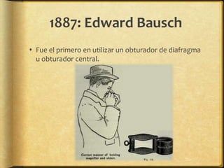 1887: Edward Bausch
 Fue el primero en utilizar un obturador de diafragma
  u obturador central.
 