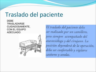Traslado del paciente
DEBE
TRASLADARSE
CUIDADOSAMENTE,
CON EL EQUIPO
ADECUADO
 