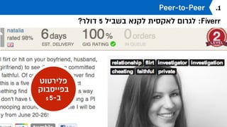 Peer-to-Peer
‫דולר‬ 100,000 -‫מ‬ ‫למעלה‬ ‫שהרוויחה‬ ‫הסטודנטית‬ :Fiverr
.1
‫שירותים‬ ‫מוכרת‬
$ 5-‫מ‬ ‫החל‬
‫תדמית‬ ‫וסרטוני‬
$ 15-‫ב‬
 
