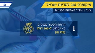 ‫ממיסים‬ ‫הפטור‬ ‫הרמת‬
‫דולר‬ 200-‫ל‬ ‫באינטרנט‬
(₪ 770)
1
‫הפרטית‬ ‫הצמיחה‬ ‫עידוד‬ :1 ‫צעד‬
‫ישראל‬ ‫למדינת‬ ‫טוב‬ ‫יקוֹמרס‬ ִ‫א‬
 