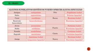 ALGUNOS SUPERLATIVOS SINTÉTICOS PUEDEN OFRECER ALGUNA DIFICULTAD:
Antiguo antiquísimo Frío Frigídísimo (culto)
Sabio sapientísimo Friísimo (popular)
Cursi cursilísimo Bueno Bonísimo (culto)
Benévolo/
benevolente
benevolentísimo Buenísimo (popular)
Joven jovencísimo
Fuerte
Fortísimo (culto)
Noble nobilísimo Fuertísimo (popular)
Notable notabilísimo
Cierto
Certísimo (culto)
Sagrado sacratísimo Ciertísimo (popular)
Amigo
Amicísimo (culto)
Nuevo
Novísimo (culto)
Amiguísimo (popular) Nuevísimo (popular)
EL GRADO
 
