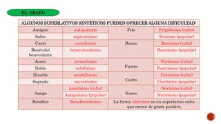 ALGUNOS SUPERLATIVOS SINTÉTICOS PUEDEN OFRECER ALGUNA DIFICULTAD:
Antiguo antiquísimo Frío Frigídísimo (culto)
Sabio sapientísimo Friísimo (popular)
Cursi cursilísimo Bueno Bonísimo (culto)
Benévolo/
benevolente
benevolentísimo Buenísimo (popular)
Joven jovencísimo
Fuerte
Fortísimo (culto)
Noble nobilísimo Fuertísimo (popular)
Notable notabilísimo
Cierto
Certísimo (culto)
Sagrado sacratísimo Ciertísimo (popular)
Amigo
Amicísimo (culto)
Nuevo
Novísimo (culto)
Amiguísimo (popular) Nuevísimo (popular)
Benéfico Beneficentísimo La forma ubérrimo es un superlativo culto
que carece de grado positivo
EL GRADO
 