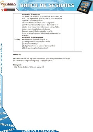 SALIDA
Actividades de aplicación
Los niños (as) afianzan su aprendizaje elaborando en
aula un organizador gráfico para lo cual utilizan la
laptop XO actividad 0rganizar.
0bservan detenidamente el salón y luego en la
actividad escribir de la XO escriben diez nombres de
objetos observados. Estos deben estar acompañados
de sus respectivos adjetivos e imágenes.
Exponen sus actividades realizadas en la XO
Crean un pequeño cuento del cocodrilo subrayando los
adjetivos
Actividades de metacognición
Responden las siguientes preguntas:
¿Qué te gustó más del video educativo?
¿Qué aprendiste hoy?
¿Qué parte del tema te fue más fácil aprender?
¿Dónde puedes aplicar lo aprendido?
Evaluación
CRITERIOS: Escribe con seguridad los adjetivos que corresponden a los sustantivos
INSTRUMENTOS: 0rganizador gráfico: Mapa Conceptual
Bibliografía
DCN, Textos de Com., Wikipedia laptop XO.
 
