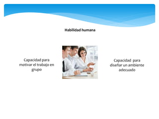 Habilidad humana
Capacidad para
motivar el trabajo en
grupo
Capacidad para
diseñar un ambiente
adecuado
 