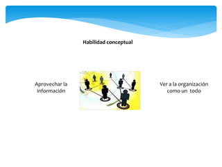 Habilidad conceptual
Aprovechar la
información
Ver a la organización
como un todo
 