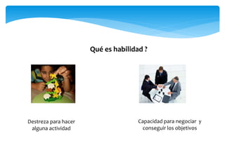 Qué es habilidad ?
Destreza para hacer
alguna actividad
Capacidad para negociar y
conseguir los objetivos
 