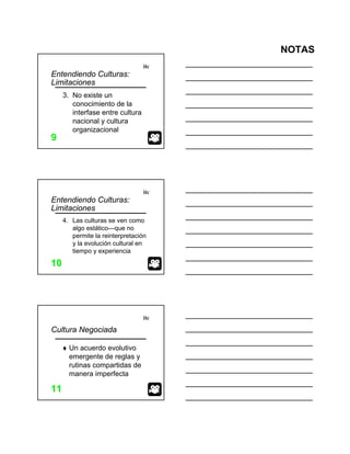 NOTAS
itc
99
Entendiendo Culturas:
Limitaciones
3. No existe un
conocimiento de la
interfase entre cultura
nacional y cultura
organizacional
itc
1010
Entendiendo Culturas:
Limitaciones
4. Las culturas se ven como
algo estático—que no
permite la reinterpretación
y la evolución cultural en
tiempo y experiencia
itc
1111
Cultura Negociada
Un acuerdo evolutivo
emergente de reglas y
rutinas compartidas de
manera imperfecta
 