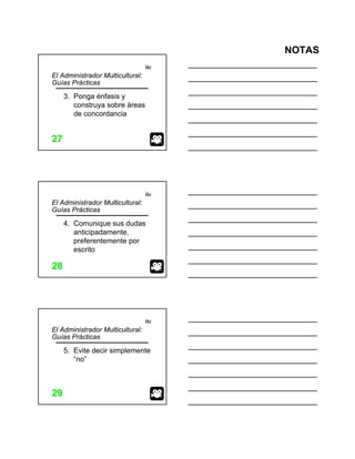 NOTAS
itc
2727
El Administrador Multicultural:
Guías Prácticas
3. Ponga énfasis y
construya sobre áreas
de concordancia
itc
2828
El Administrador Multicultural:
Guías Prácticas
4. Comunique sus dudas
anticipadamente,
preferentemente por
escrito
itc
2929
El Administrador Multicultural:
Guías Prácticas
5. Evite decir simplemente
“no”
 