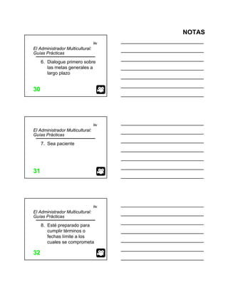 NOTAS
itc
3030
El Administrador Multicultural:
Guías Prácticas
6. Dialogue primero sobre
las metas generales a
largo plazo
itc
3131
El Administrador Multicultural:
Guías Prácticas
7. Sea paciente
itc
3232
El Administrador Multicultural:
Guías Prácticas
8. Esté preparado para
cumplir términos o
fechas límite a los
cuales se comprometa
 