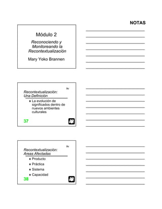 NOTAS
Módulo 2
Reconociendo y
Monitoreando la
Recontextualización
Mary Yoko Brannen
itc
3737
Recontextualización:
Una Definición
La evolución de
significados dentro de
nuevos ambientes
culturales
itc
3838
Recontextualización:
Areas Afectadas
Producto
Práctica
Sistema
Capacidad
 
