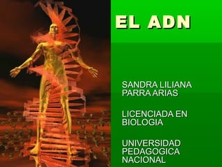 EL ADNEL ADN
SANDRA LILIANASANDRA LILIANA
PARRA ARIASPARRA ARIAS
LICENCIADA ENLICENCIADA EN
BIOLOGIABIOLOGIA
UNIVERSIDADUNIVERSIDAD
PEDAGOGICAPEDAGOGICA
NACIONALNACIONAL
 