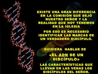 EXISTE UNA GRAN DIFERENCIA
  EN LA COMISIÓN QUE DEJÓ
    NUESTRO SEÑOR Y LA
 REALIDAD QUE HOY TENEMOS
        EN LA IGLESIA
  POR ESO ES NECESARIO
IDENTIFICAR LAS MARCAS DE
 UN VERDADERO DISCÍPULO.


   QUISIERA HABLAR DE
     «EL ADN DE UN
      DISCÍPULO»
 LAS CARACTERÍSTICAS QUE
 LLEVAN EN LAS VENAS LOS
  DISCÍPULOS DEL SEÑOR.
 