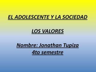 EL ADOLESCENTE Y LA SOCIEDAD

        LOS VALORES

   Nombre: Jonathan Tupiza
       4to semestre
 