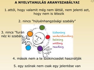 A NYELVTANULÁS ARANYSZABÁLYAI 
1.attól, hogy valamit még nem láttál, nem jelenti azt, hogy nem is létezik 2. nincs "hülyénhangzósági szabály" 3. nincs "furán néz ki szabály„ 4. mások nem a te szókincsedet használják 5. egy szónak nem csak egy jelentése van C.J. 
 