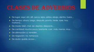 Clases de adverbios


De lugar: aquí, ahí, allí, cerca, lejos, arriba, abajo, dentro, fuera…



De tiempo: ahora, luego, después, pronto, tarde, ayer, hoy,
mañana…



De modo: bien, mal, así, deprisa, despacio…



De cantidad: mucho poco, bastante, casi , más, menos, muy…



De afirmación: si, también.



De negación: no, tampoco.



De duda: quizás, acaso…

 