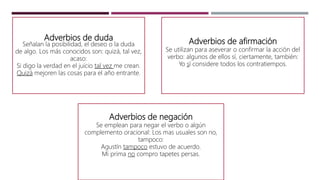 Adverbios de duda
Señalan la posibilidad, el deseo o la duda
de algo. Los más conocidos son: quizá, tal vez,
acaso:
Si digo la verdad en el juicio tal vez me crean.
Quizá mejoren las cosas para el año entrante.
Adverbios de negación
Se emplean para negar el verbo o algún
complemento oracional: Los mas usuales son no,
tampoco:
Agustín tampoco estuvo de acuerdo.
Mi prima no compro tapetes persas.
Adverbios de afirmación
Se utilizan para aseverar o confirmar la acción del
verbo: algunos de ellos sí, ciertamente, también:
Yo sí considere todos los contratiempos.
 