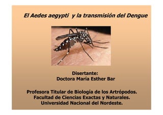 El Aedes aegypti y la transmisión del Dengue
Disertante:
Doctora María Esther Bar
Profesora Titular de Biología de los Artrópodos.
Facultad de Ciencias Exactas y Naturales.
Universidad Nacional del Nordeste.
 