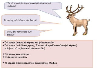 Τα κέρατα εἰσί κόσμος παντί τῶ σώματι τοῦ
     ἐλάφου!




 Τά σκέλη τοῦ ἐλάφου εἰσί λεπτά!



    Ψέγω την λεπτότητα τῶν
    σκελῶν


● Ὁ ἔ λαφος ἐ παινεί τά κέρατα καί ψέγει τά σκέλη
● Ὁ ἔ λαφος ἐ στί ἄ δικος κριτής. Ἐ παινεί τά προδόντα α ὐ τόν (τά κέρατα)
  καί ψέγει τά σῴ ζοντα αὐ τόν (τά σκέλη)

● Ὁ ἔ παινος των κεράτων
● Ὁ ψόγος τῶ ν σκελῶ ν

● Τά κέρατα εἰ σί ὁ κόσμος τοῦ σώματος τοῦ ἐ λάφου
 