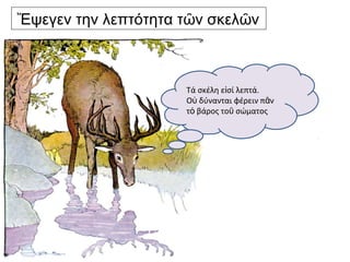 Ἔψεγεν την λεπτότητα τῶν σκελῶν



                     Τά σκέλη εἰσί λεπτά.
                     Οὐ δύνανται φέρειν πᾶν
                     τό βάρος τοῦ σώματος
 