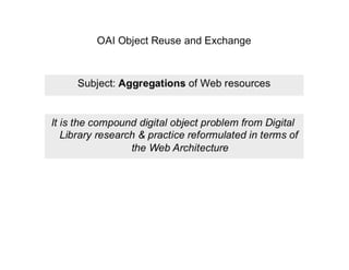 Foundations of the ORE Solution
•  Web Architecture - Resource, URI, Representation
•  Semantic Web:
•  URIs for documents...