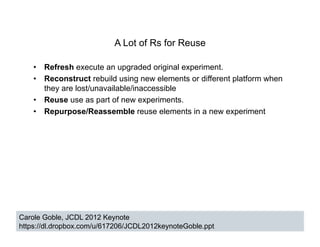 A Lot of Rs for Reuse
•  Refresh execute an upgraded original experiment.
•  Reconstruct rebuild using new elements or dif...