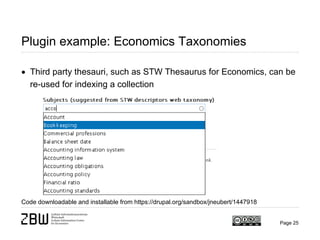 Page 25
Plugin example: Economics Taxonomies
Code downloadable and installable from https://drupal.org/sandbox/jneubert/14...