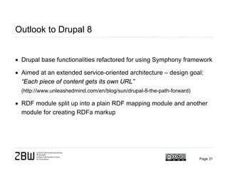 Outlook to Drupal 8
• Drupal base functionalities refactored for using Symphony framework
• Aimed at an extended service-oriented architecture – design goal:
“Each piece of content gets its own URL”
(http://www.unleashedmind.com/en/blog/sun/drupal-8-the-path-forward)
• RDF module split up into a plain RDF mapping module and another
module for creating RDFa markup
Page 31
 