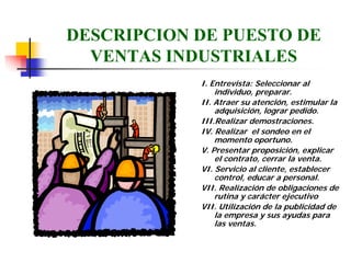 DESCRIPCION DE PUESTO DE
  VENTAS INDUSTRIALES
            I. Entrevista: Seleccionar al
                individuo, preparar.
            II. Atraer su atención, estimular la
                adquisición, lograr pedido.
            III.Realizar demostraciones.
            IV. Realizar el sondeo en el
                momento oportuno.
            V. Presentar proposición, explicar
                el contrato, cerrar la venta.
            VI. Servicio al cliente, establecer
                control, educar a personal.
            VII. Realización de obligaciones de
                rutina y carácter ejecutivo
            VII. Utilización de la publicidad de
                la empresa y sus ayudas para
                las ventas.
 