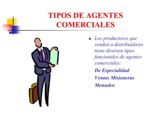 TIPOS DE AGENTES
  COMERCIALES
            Los productores que
            venden a distribuidores
            tiene diversos tipos
            funcionales de agentes
            comerciales:
        -   De Especialidad
        -   Ventas Misioneras
        -   Menudeo
 