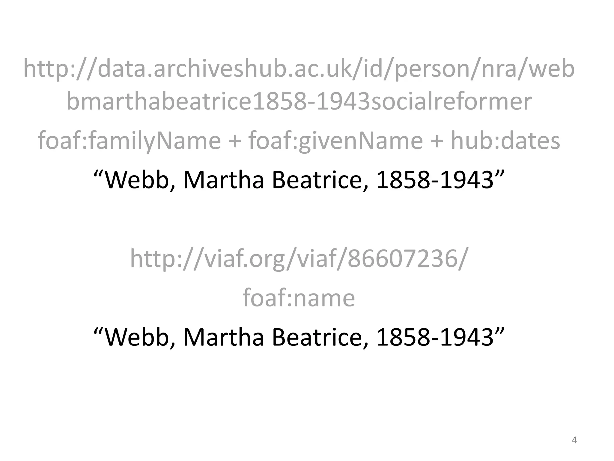 http://data.archiveshub.ac.uk/id/person/nra/web
bmarthabeatrice1858-1943socialreformer
foaf:familyName + foaf:givenName + hub:dates
“Webb, Martha Beatrice, 1858-1943”
http://viaf.org/viaf/86607236/
foaf:name
“Webb, Martha Beatrice, 1858-1943”
4
 