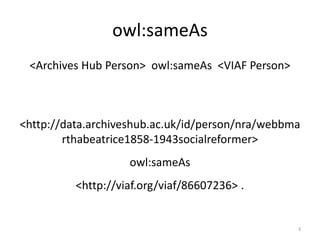 owl:sameAs
<Archives Hub Person> owl:sameAs <VIAF Person>
<http://data.archiveshub.ac.uk/id/person/nra/webbma
rthabeatrice1858-1943socialreformer>
owl:sameAs
<http://viaf.org/viaf/86607236> .
3
 