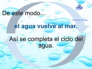 De este modo...   el agua vuelve al mar.   Así se completa el ciclo del agua. 
