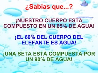 ¿Sabias que...? ¡NUESTRO CUERPO ESTÁ COMPUESTO EN UN 65% DE AGUA!   ¡EL 60% DEL CUERPO DEL ELEFANTE ES AGUA!   ¡UNA SETA ESTÁ COMPUESTA POR UN 90% DE AGUA! 