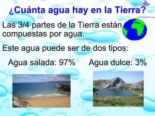 ¿ Cuánta agua hay en la Tierra? Las 3/4 partes de la Tierra están compuestas por agua.   Este agua puede ser de dos tipos:        Agua salada: 97%           Agua dulce: 3% 